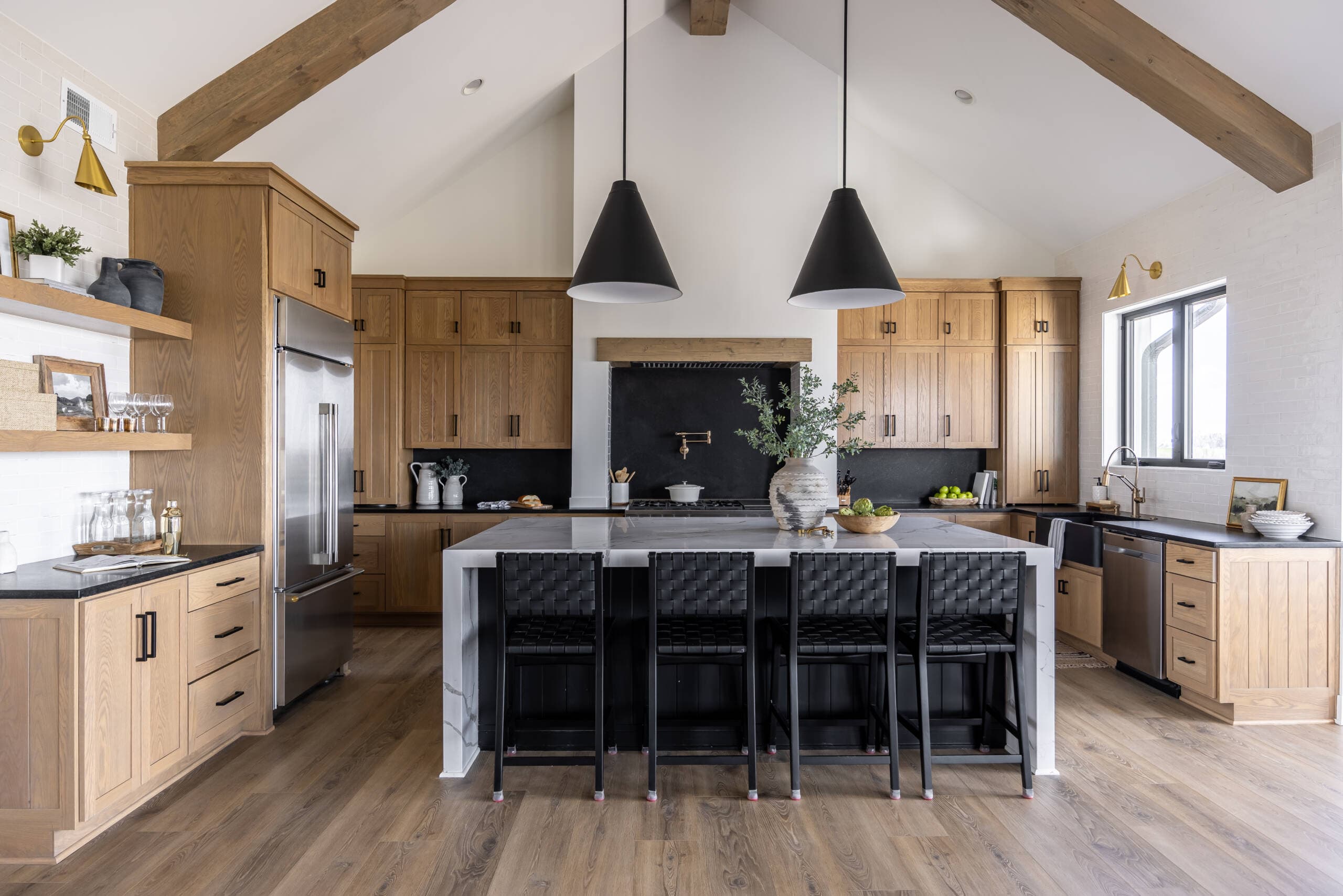 Rustic elegant Southlake kitchen remodel with white oak slim shaker cabinetry